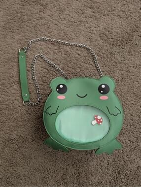 Cottagecore Kawaii Hot Topic Green Frog Crossbody Chain Bag + Mushroom Pin